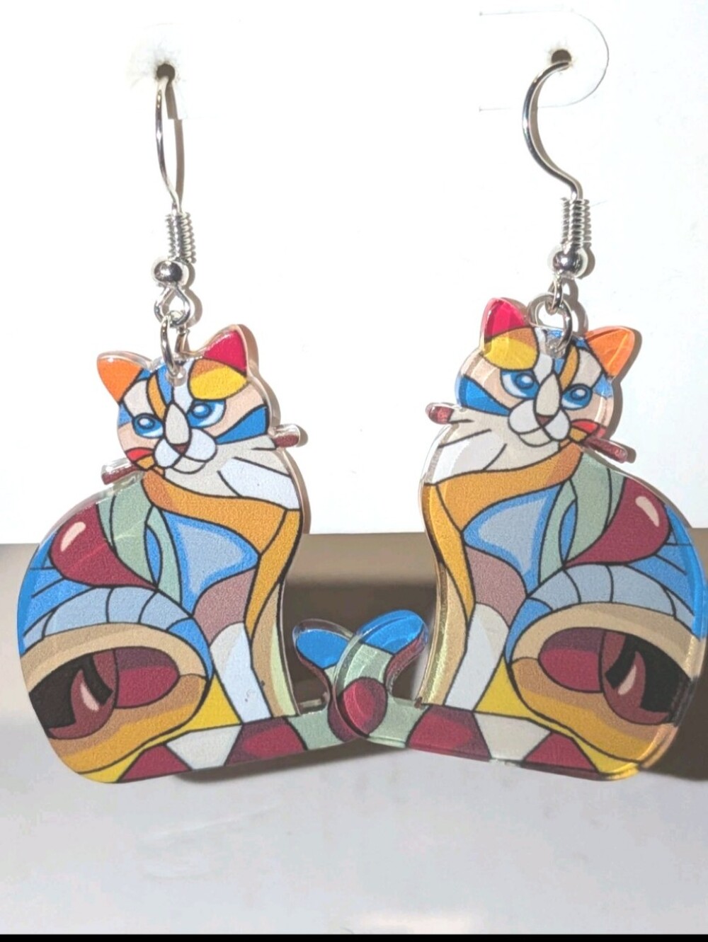 Hand Crafted Colorful Stained-Glass Style Cat Earrings - Multicolor